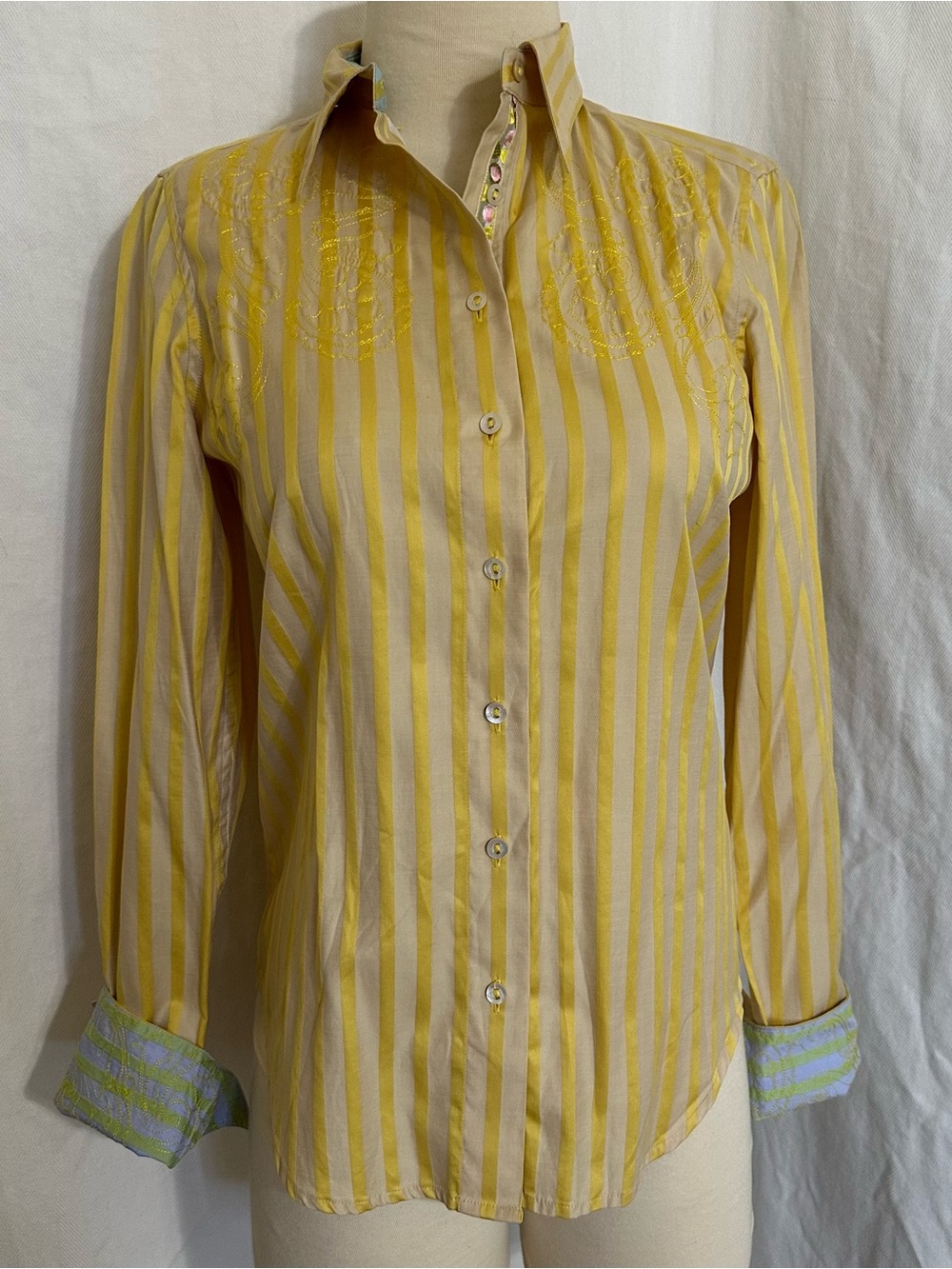 Robert Graham Yellow Striped Button-Up Long Sleeves W/Embroidery Shirt